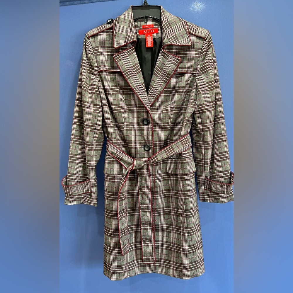 ANNE KLEIN A/LINE PLAID TRENCH COAT